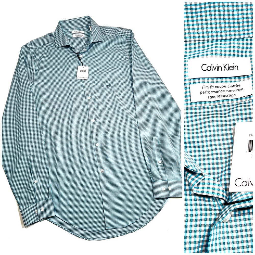 NWT Mens Shirt Calvin Klein Slim Fit Gingham Dress Shirt Blue White 15 34/35